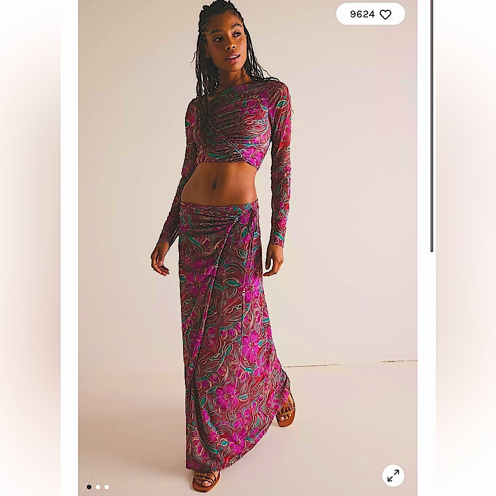Free People Pink & Teal Paisley Long Skirt Set